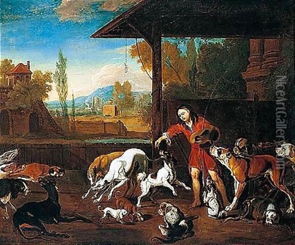 Feeding The Dogs Oil Painting - Abraham Danielsz Hondius