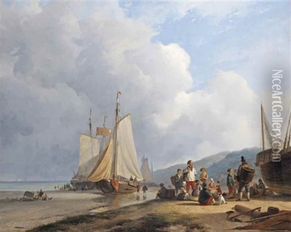 A Coastal Scene With Bomschuiten On The Beach And Villagers Gathering Around A Fishmonger Oil Painting - Andreas Schelfhout