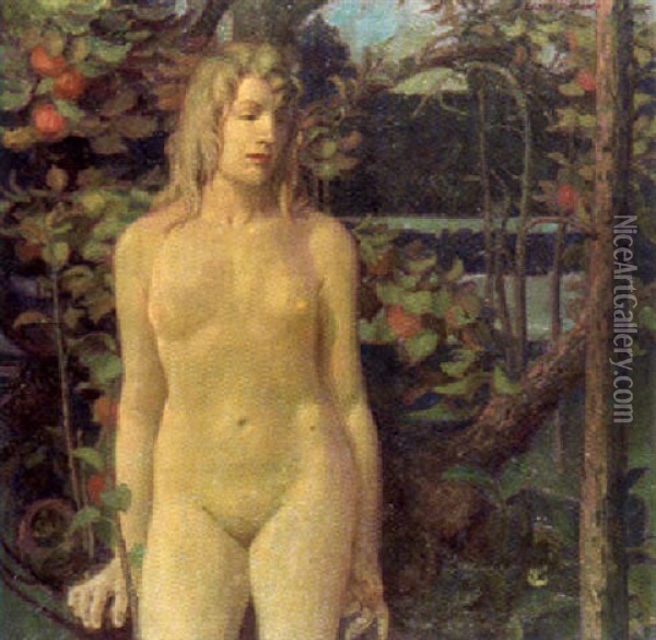 Stehender Weiblicher Akt In Landschaft Oil Painting - Erich Erler-Samedan