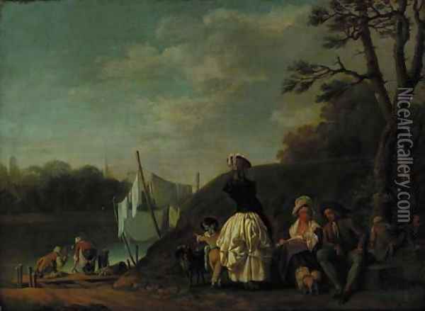 Figures resting by a riverbank, with women washing clothes beyond Oil Painting - English School