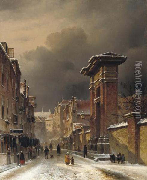 A Busy Day In A Dutch Town In Winter Oil Painting - Pieter Gerard Vertin