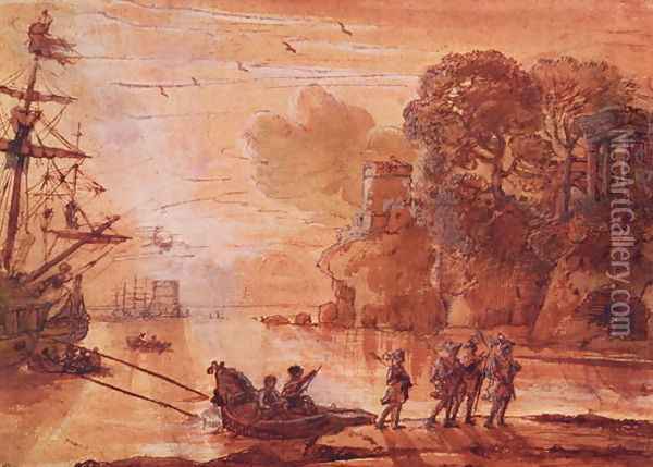 The Disembarkation of Warriors in a Port, possibly Aeneas in Latium, 1660-65 Oil Painting - Claude Lorrain (Gellee)