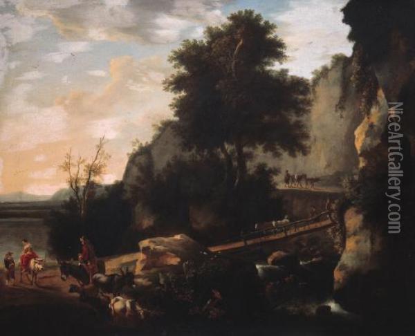Cowherds And Cattle On A Footbridge In An Italianatelandscape Oil Painting - Willem Schellinks