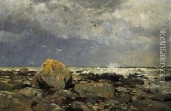 Cliff Beach By The Baltic Sea. Signed Lower Left: E. Ducker Oil Painting - Eugene Gustav Ducker