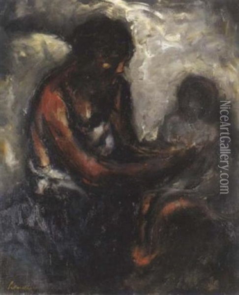 Mere Et Enfant (epouse De L'artiste Et Sa Fille) Oil Painting - Adolphe Peterelle