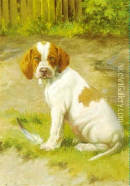 Siddende Lille Hundehvalp Oil Painting - Simon Simonsen