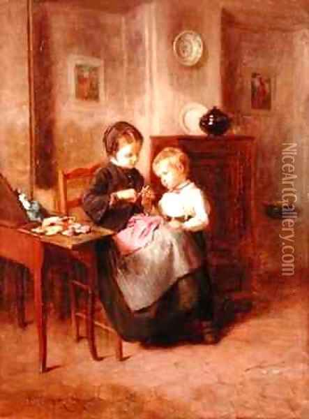 The Sewing Lesson Oil Painting - Theophile-Emmanuel Duverger