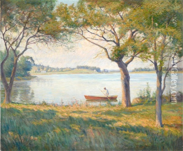 A Lone Boater On A Tree-lined Pond Oil Painting - Edward Reynolds Kingsbury