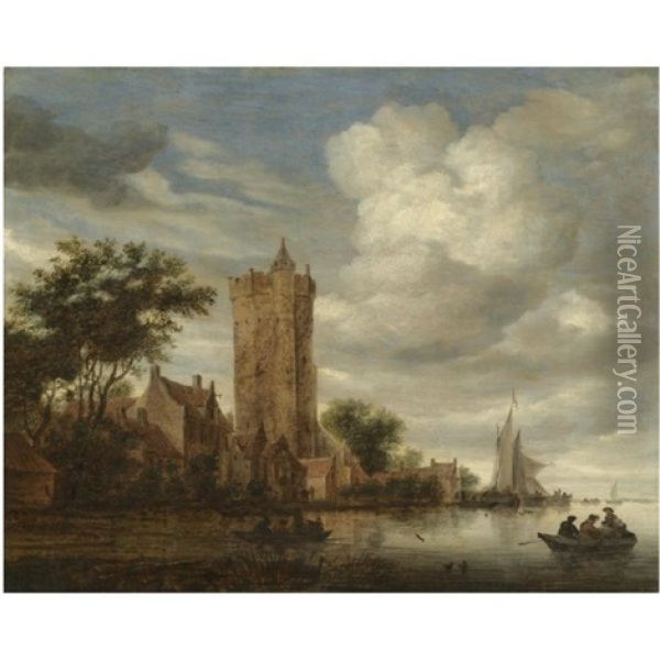 A River Landscape With A View Of The Bijlhouwerstoren, Utrecht, Set In A Village On The Bank Oil Painting - Salomon van Ruysdael