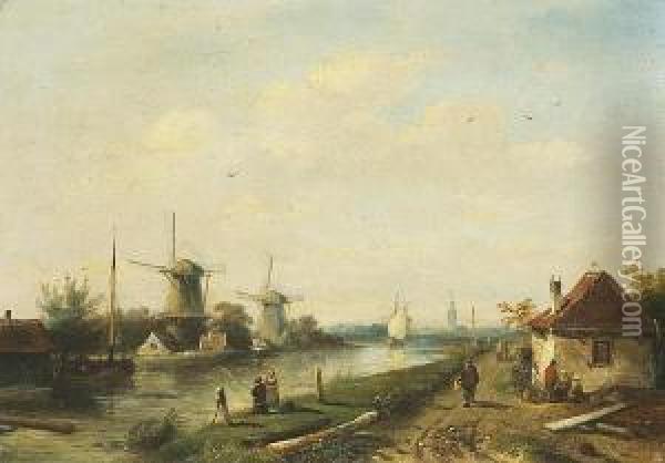 A View Of A Canal With Figures In Theforeground Oil Painting - Charles Henri Leickert