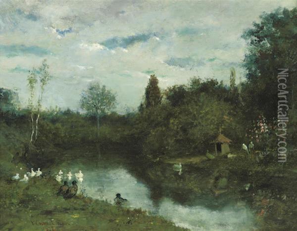 Ducks On The River; And Washerwomen By A Pond Oil Painting - Victoriano Codina Y Langlin