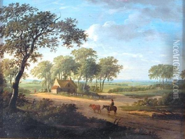Extensive Landscape With Traveller On Horseback Oil Painting - Charles Towne
