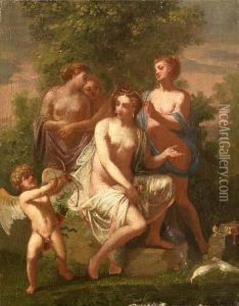 Venus And Cupid With The Three Graces Oil Painting - Michele Da Parma (see Rocca)