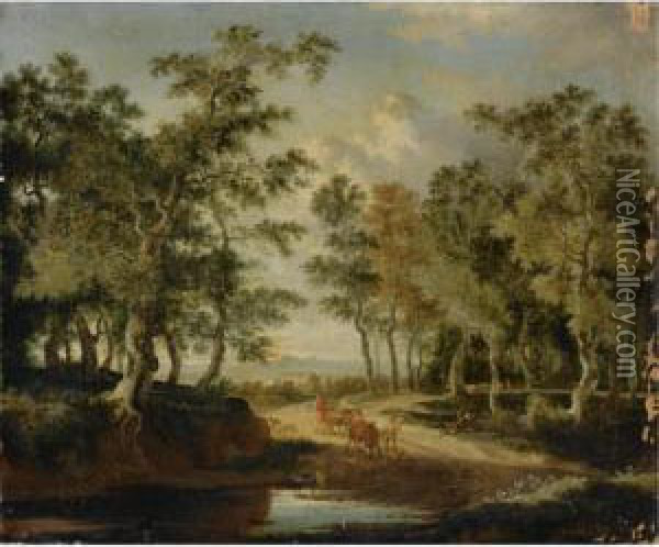A Wooded Landscape With A Shepherd And His Herd On A Path, Near Apuddle Oil Painting - Jan Hackaert