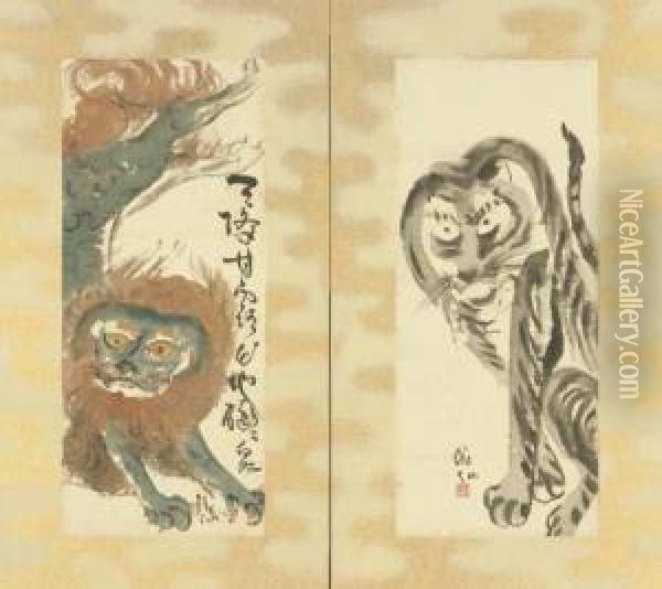 Tiger And Lion-dog Oil Painting - Keisen Tomita