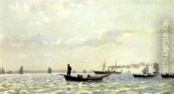 Sejlskibe Og Damper I Sundet, I Forgrunden Fiskere I Robade Oil Painting - Carl (Jens Erik C.) Rasmussen