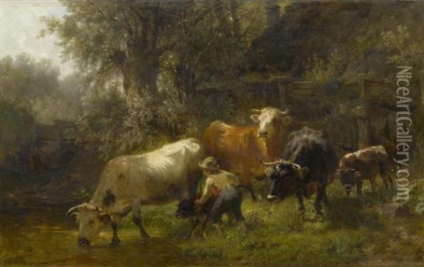 Cows Watering Oil Painting - Anton Braith