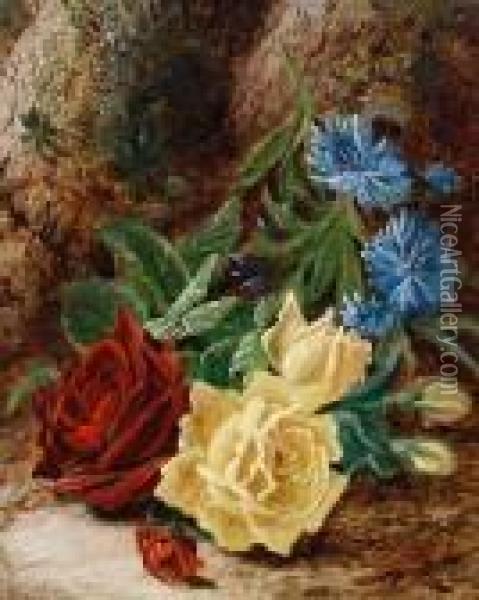 Still Life Of Roses And Cornflowers Oil Painting - Oliver Clare