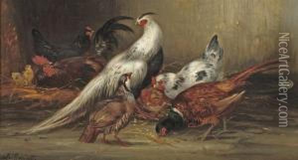 A Feasant, Chickens And Other Poultry Oil Painting - Claude Guilleminet