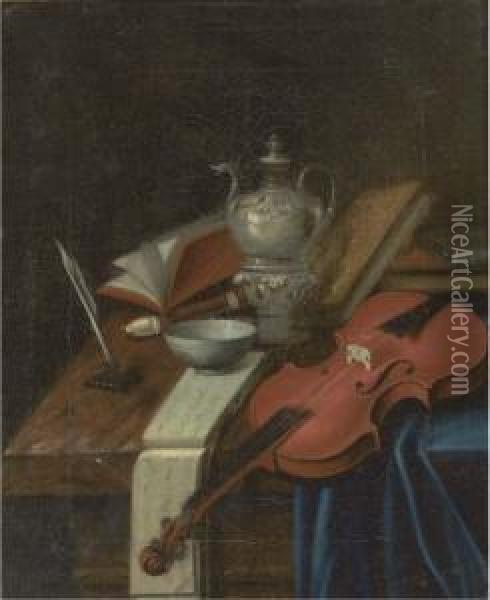 A Violin, A Recorder, A Music 
Score, A Quill And Ink, A Silverteapot And Books On A Partially Draped 
Table Oil Painting - Pieter Gerritsz. van Roestraten