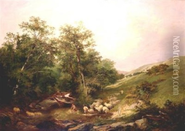 Pastoral Scene With Sheep And Shepherds Crossing A Stream Oil Painting - Henry John Boddington