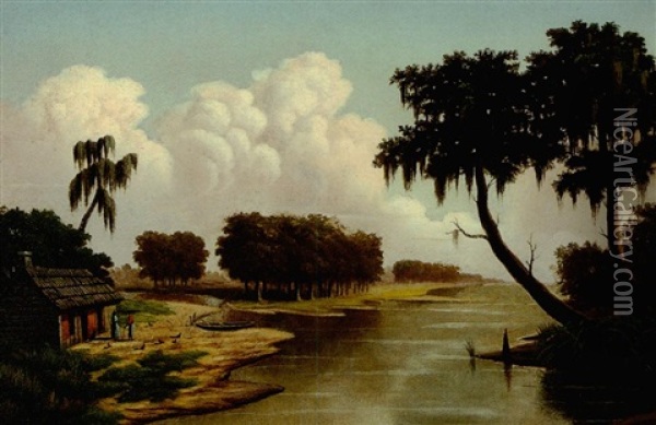 Rural Louisiana Bayou Scene With Nearby Farm And Figures By The Shore Oil Painting - Charles Giroux