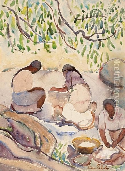 Taos Women Washing Oil Painting - Donna Schuster