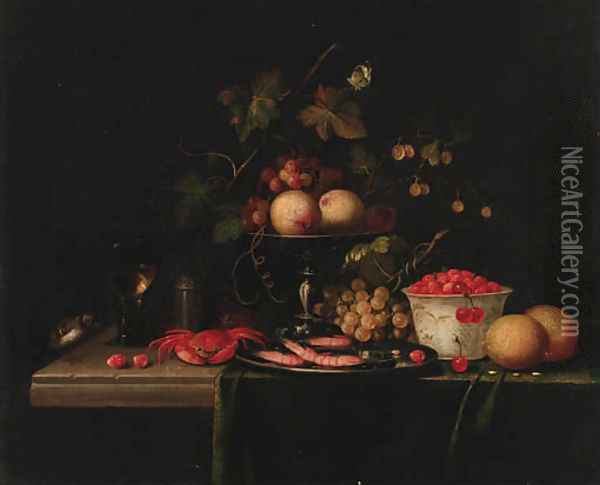 Grapes on a vine with gooseberries in a tazza, prawns in a pewter dish Oil Painting - Cornelis De Heem