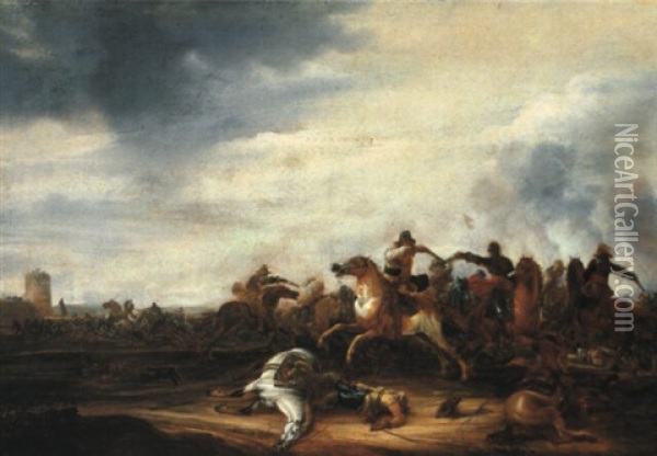 Cavalry Skirmish Near A Fort Oil Painting - Abraham van der Hoef