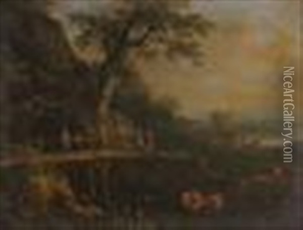Country Landscape With Cows Oil Painting - Anton Faistenberger