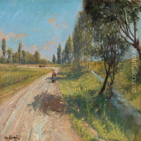 Summer Day In Italy With A Women On A Road Oil Painting - Holger Hvitfeldt Jerichau