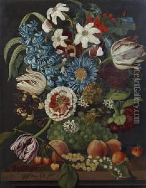 Still Life Of Fruit And Flowers On A Ledge Oil Painting - Georgius Jacobus J. Van Os