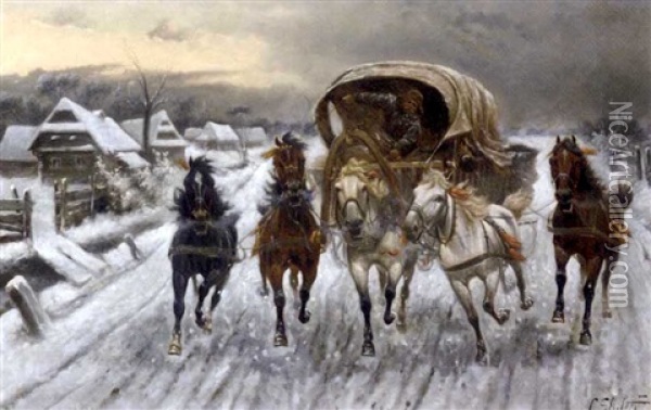 A Russian Caravan Racing In The Snow Oil Painting - Adolf (Constantin) Baumgartner-Stoiloff
