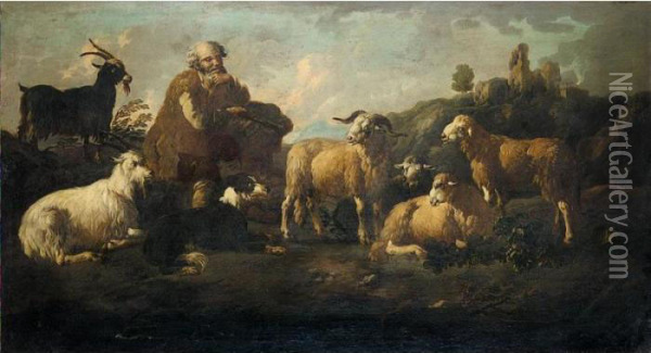 An Italianate Landscape With A Shepherd, And A Mixed Flock Of Sheep And Goats Oil Painting - Jakob Roos