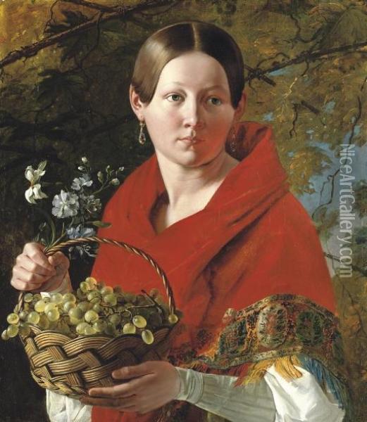 Portrait Of A Young Woman Holding A Basket Of Grapes Oil Painting - Ivan Fomich Khrutskii