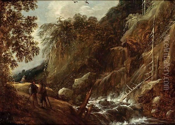 A Wooded River Landscape With Figures Conversing On A Path Near A Waterfall Oil Painting - Francois Van Knibbergen