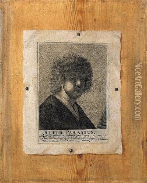 A Trompe L'oeil Engraving Of A Head Of A Young Man Hanging On A Wooden Partition Oil Painting - Willem van Nymegen