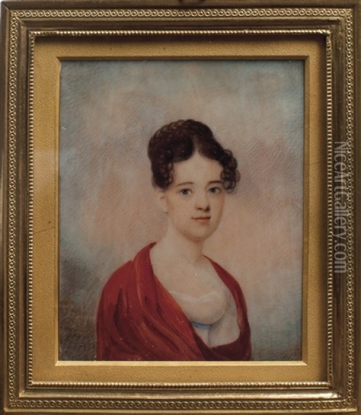 Portrait Of A Young Lady Wearing A White Gown And Red Wrap Oil Painting - Anson Dickinson