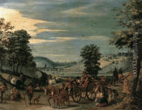 A Horsedrawn Cart Transporting Revellers Along A Country    Road In A River Valley Oil Painting - Nicolaes van Galen