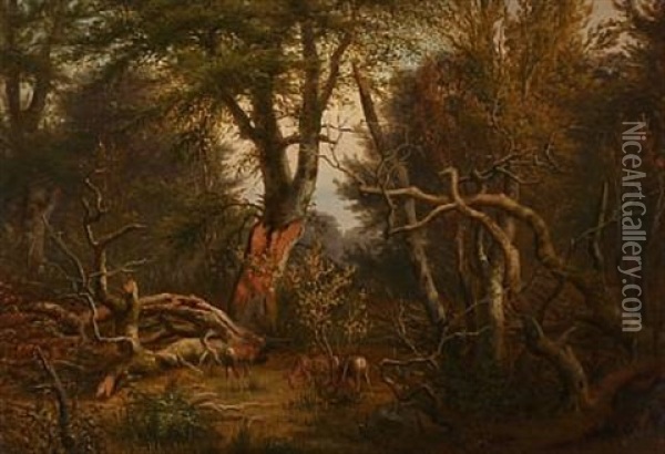 Autumn Forest With Deer Oil Painting - Peter (Johann P.) Raadsig