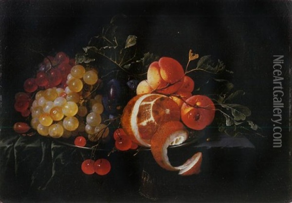 A Partly-peeled Lemon, Grapes, Cherries, Apricots And Plums On A Pewter Plate On A Partly Draped Stone Ledge Oil Painting - Cornelis De Heem