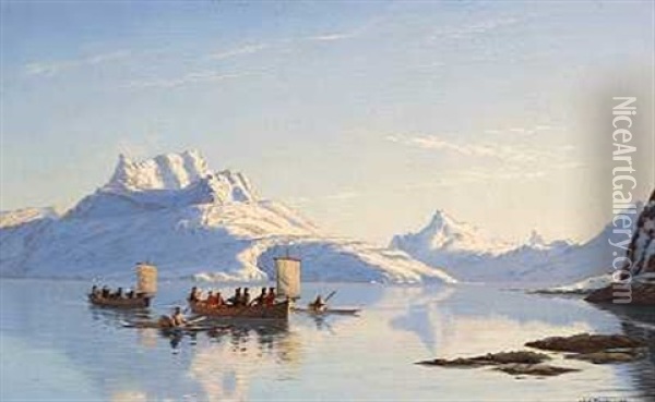 Foraarsdag Paa Godthaabsfjorden I Gronland. I Forgrunden Konebade Og Kajakker Oil Painting - Carl (Jens Erik C.) Rasmussen