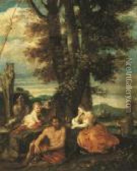 Putto, Satyre Et Bacchante Dans Un Paysage Arcadien Oil Painting - Pier Francesco Mola