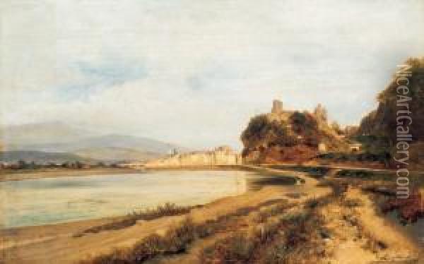 Riverside Landscape With Castle Ruins Oil Painting - Antal Ligeti