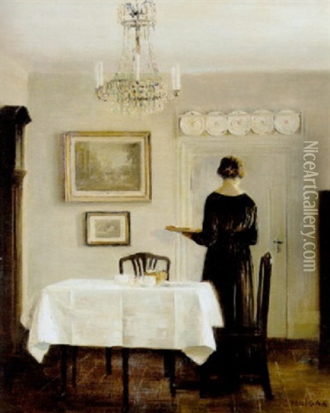 Interior Med Kunstnerens Hustru Ved Spisebordet Oil Painting - Carl Vilhelm Holsoe