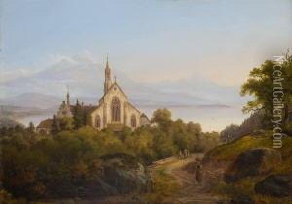 Blick Auf Eine Mittelalterliche
 Klosteranlage Uber Dem Vierwaldstatter See. Oil Painting - August Christian Geist