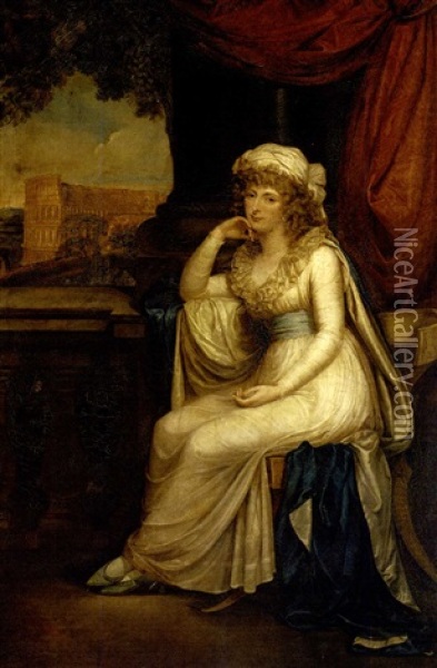 Portrait Of Lady Clifford, Seated In A White Dress With Blue Sash On A Klismos Chair On A Loggia Overlooking The Colloseum Oil Painting - Robert Fagan