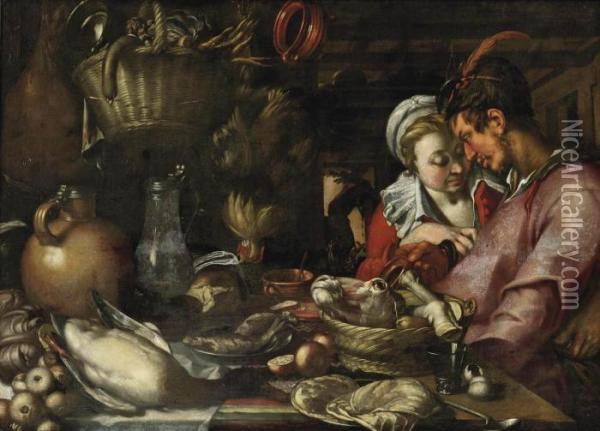 A Kitchen Still Life With A 
Couple Standing Beside A Table With Anelaborate Display Of Meat, Fish, 
Vegetables And Fruit Oil Painting - Abraham Bloemaert