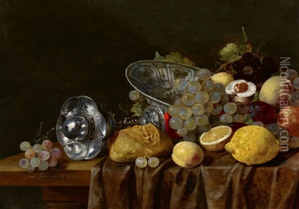 Still Life With A Silver Chalice, Wanli Bowl, And Fruit Oil Painting - Christiaan Luycks