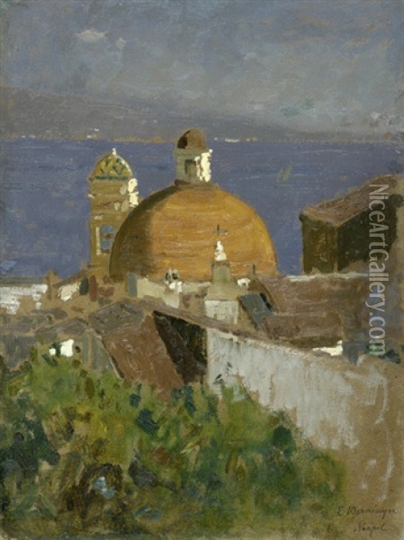 Blick Uber Die Kuppel Der Chiesa Di Sant'anna In Neapel Auf Den Golf Oil Painting - Edmund Berninger